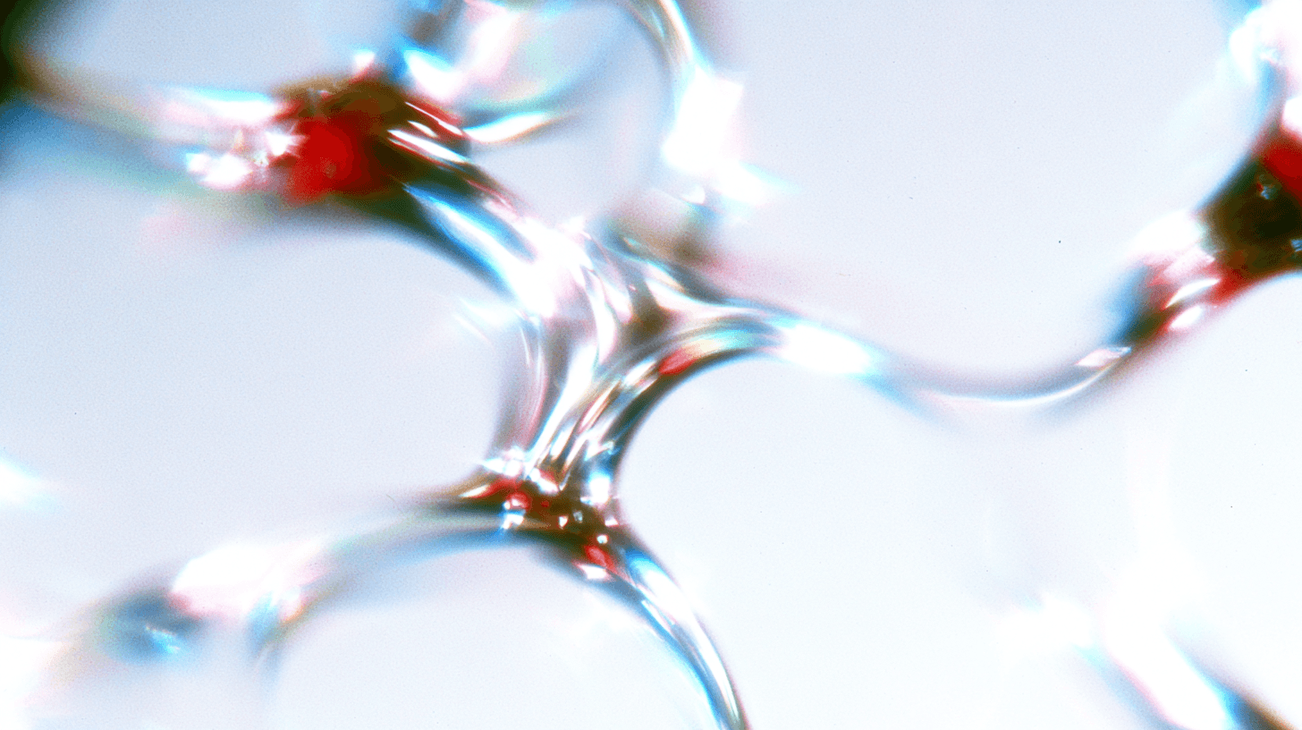 Abstract light glass forms connected across a white field