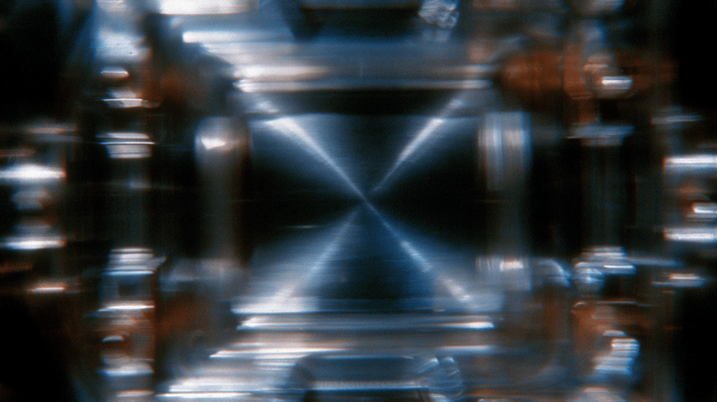 Front-facing metallic vault structure in dark blue light